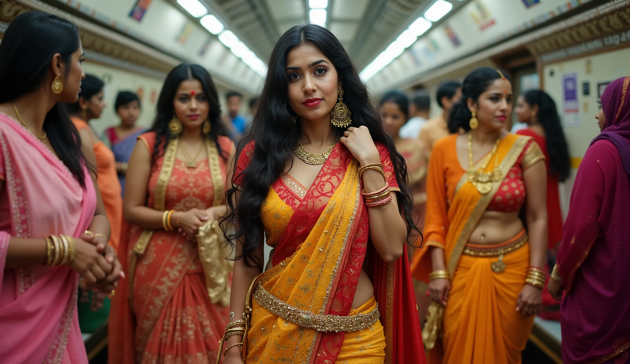 Sexy indian Bride's group with big breast and big butts exhausting colourful saree costume in sleeveless, exhausting 👠, fashion closeup in an Indian train station.