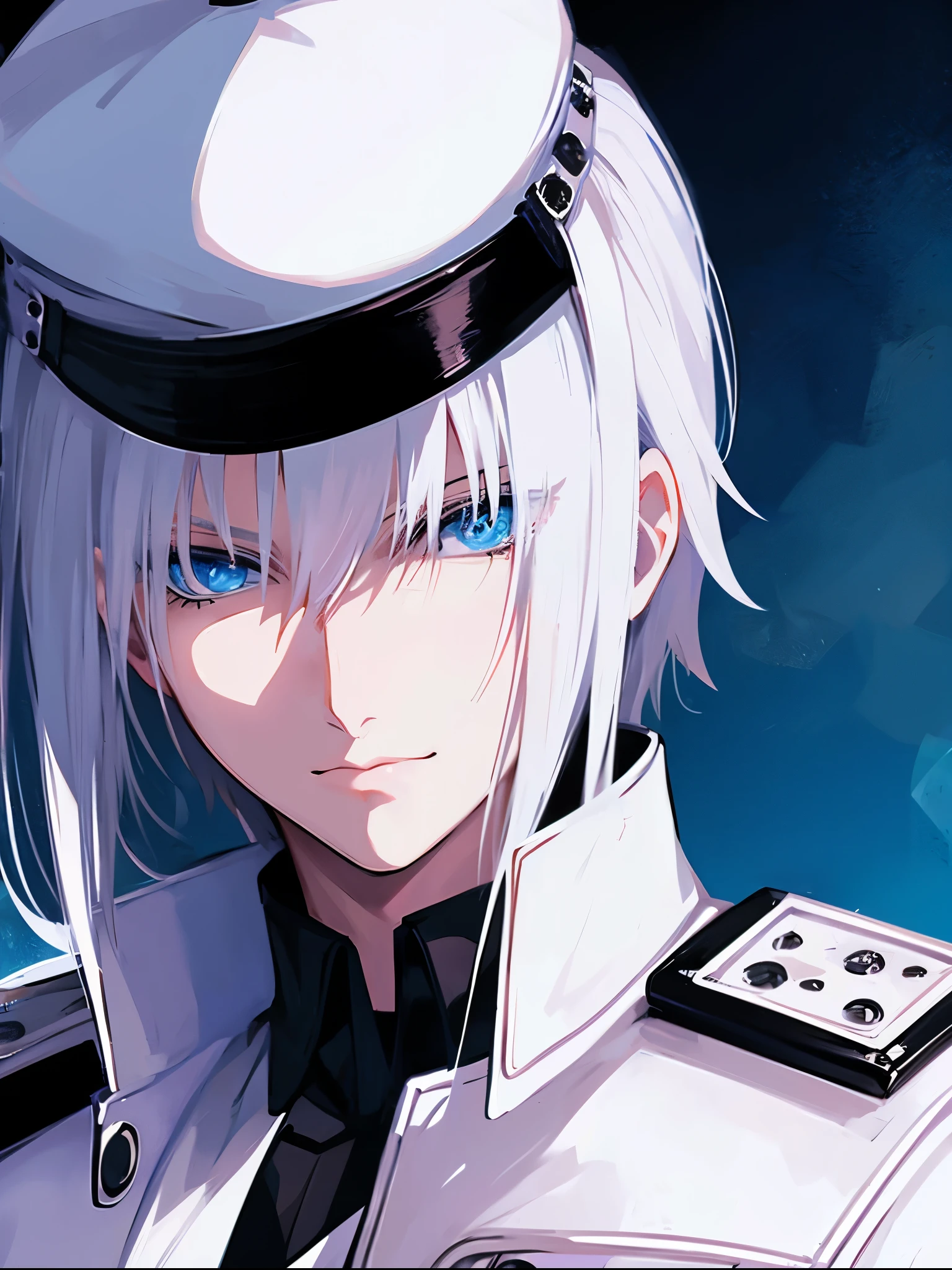 white hair, blue eyes, berret hat, white military uniform, 1 man, at battleship, upperbody, gloves