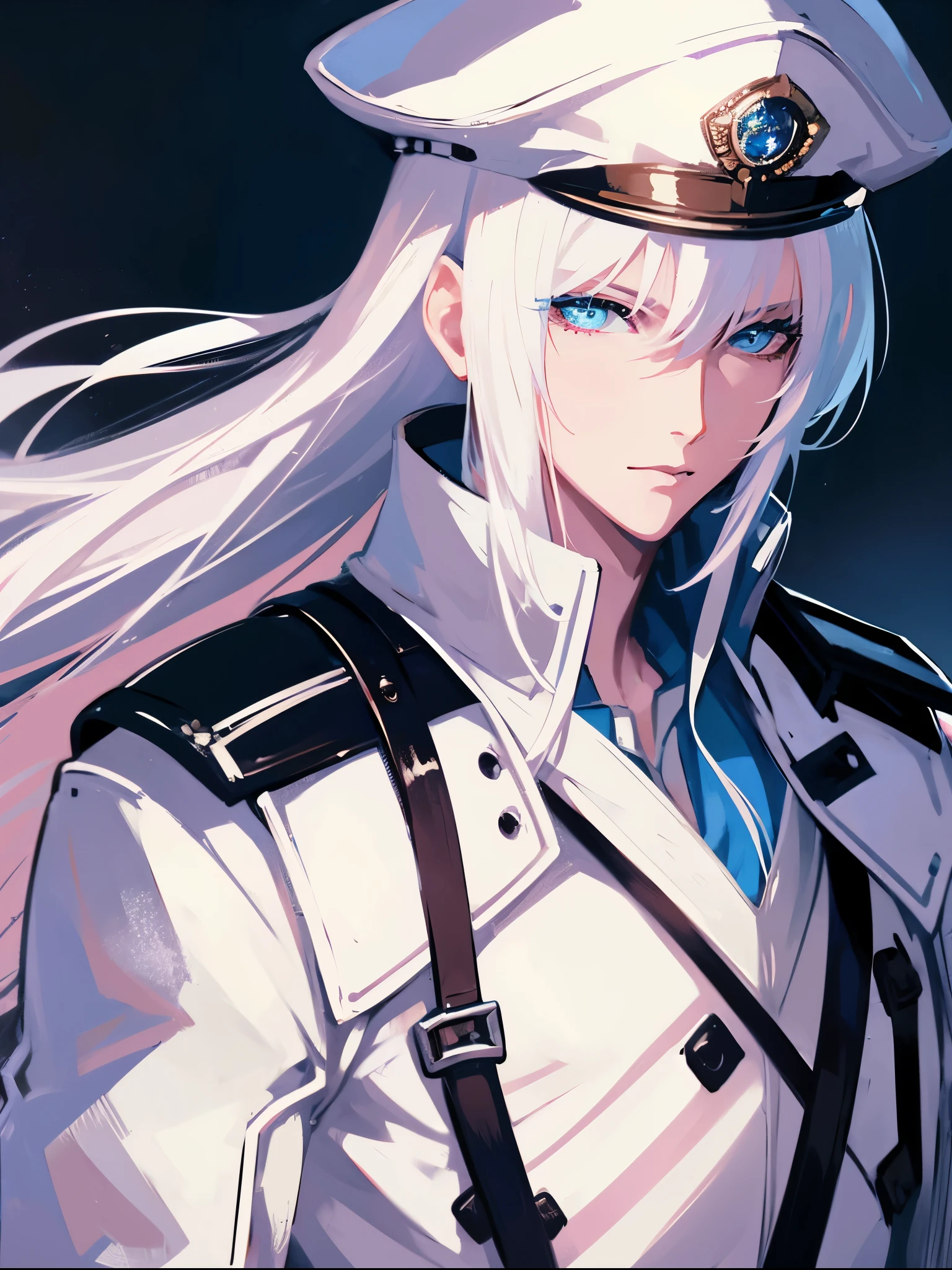 white hair, blue eyes, berret hat, white military uniform, 1 man, at battleship, upperbody, gloves