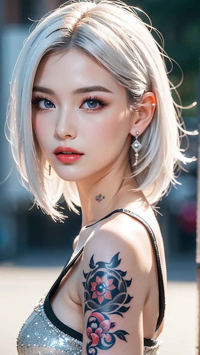 (sfw:2.0),high resolution、Real、8k、(28 years old)、woman1 person、Beautiful symmetrical body、Noble golden robe、(((flower tattoos all over the body)))、((Platinum Hair:1.8、short hair:1.6))、(Enthusiastic:1.1), (woman:1.1),Big Blue Eyes、Droopy eyes、 sharp, Dynamic sexy pose、(Upper body portrait:-1.6)、(perfect body:1.1), Realistic, True Shadow, 3D, (Temple Background:1.8)、A fleshy body、plump body、Perfect proportions, Two-tone lighting, Low ISO, White balance, Large Diameter, 8K Original, Highly efficient subpixels, Subpixel Convolution, Luminous Particles, Light Scattering, (Graceful features), (Perfect face), Dynamic Angle、((Skeletally correct body))