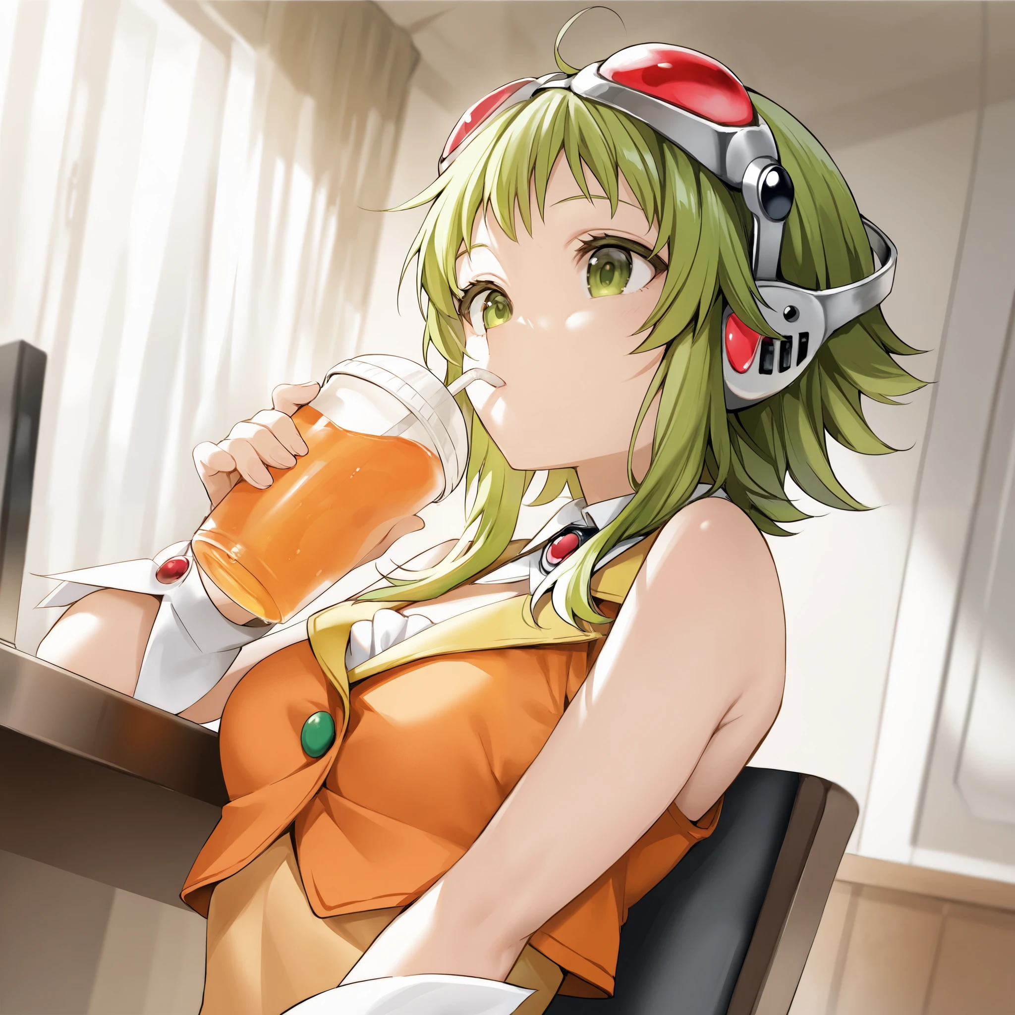 masterpiece, best quality, 1girl, gumi, megpoid, vocaloid, detailed background, drinking, boba