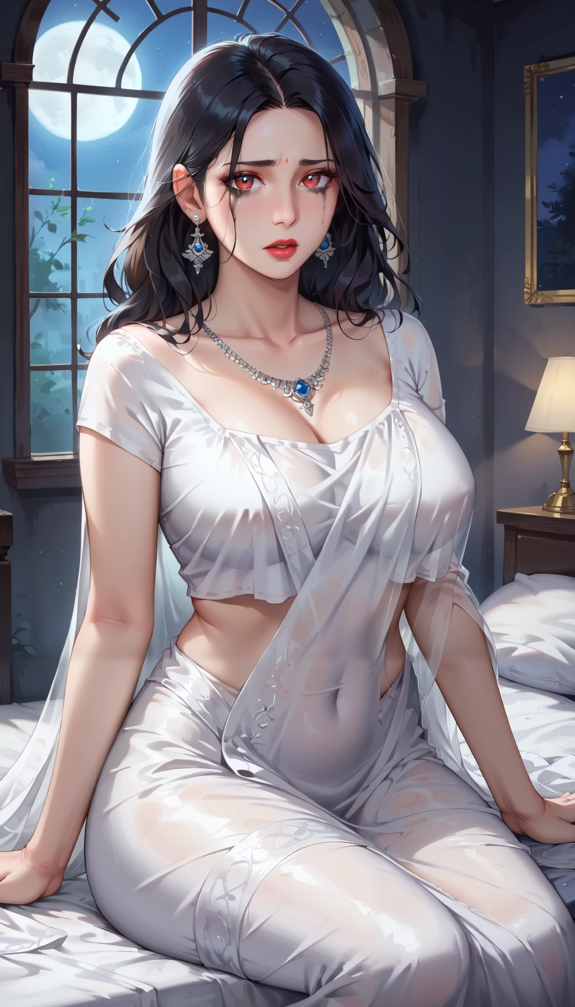 Hot milf, (red eyes), red lips, wide lips, (((white skin))), (black hair), messy straight hair, ((straight strands framing her face, adding a touch of softness to her striking features)). She has exquisite caucasian features, red mark on forehead, forehead mark, ruined makeup, (ruined makeup). She has a ((very slim body)), with a tiny waist and ((skinny limbs)), but her ((breasts are enormous and round)), and they look far too big for her slender little body, big breasts. ((masterpiece)), ((best quality)) ((fantasy art illustration)). She is a beautiful, under 40, female. (Wearing a white blouse and long white saree)), stomach exposed, (silver earrings, silver stomach ring, silver necklace, she is sitting on bed, sexy pose, extremely detailed art. Looking at viewer, open mouth, sad expression, Tears. Indoor, bed room, ((night time)), ((dark room)), moon in the window, dead trees in the window, blue and red lighting.