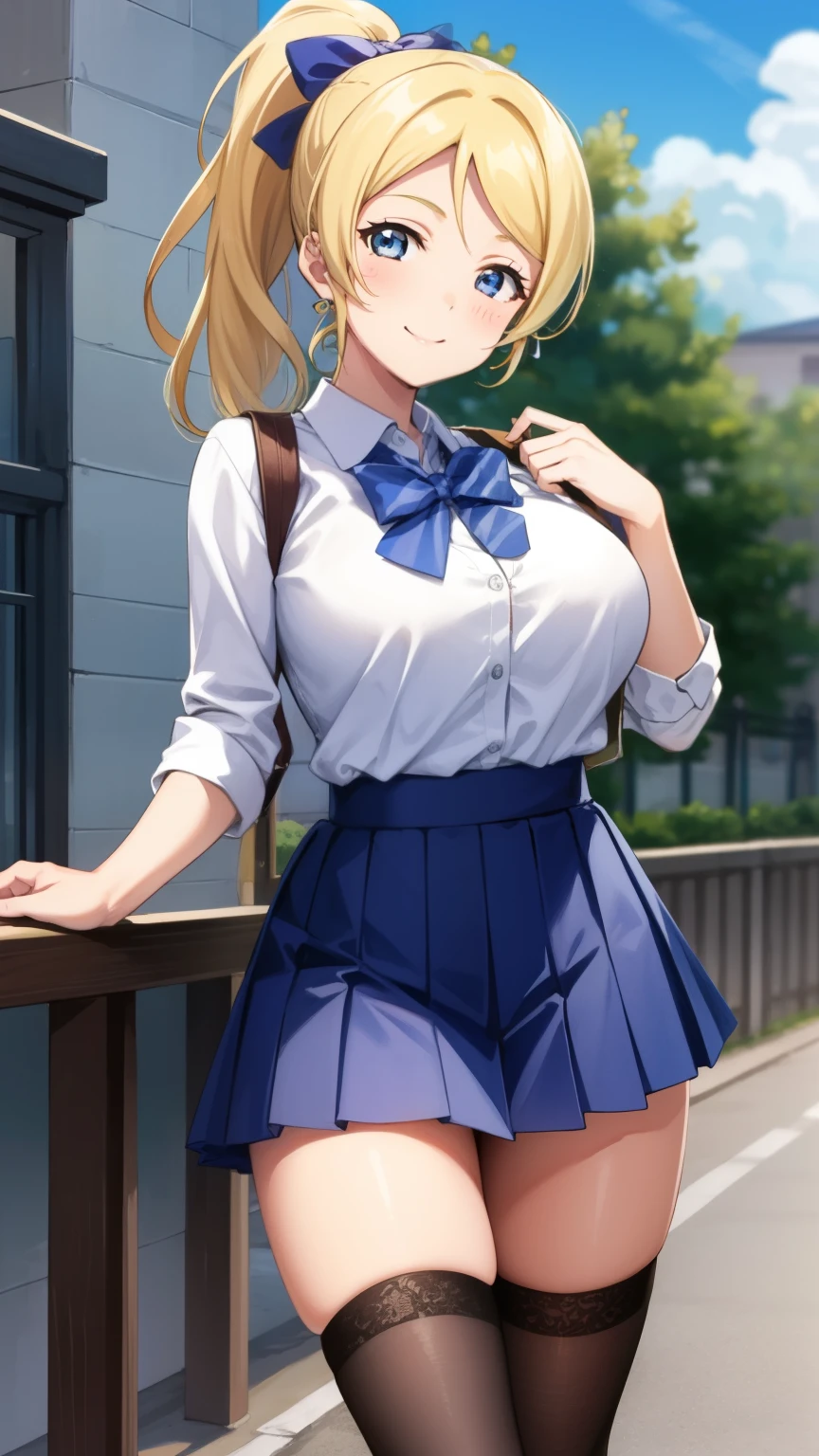 masterpiece, best quality, ultra-detailed, illustration, extremely delicate and beautiful, (beautiful detailed eyes), extremely detailed face, 16k, anime face, ayase eli(lovelive!), cute face, blonde hair, blue eyes, ponytail, white hair ribbon, big breasts, thin waist, big hips, curvaceous, A lively smile, Perfect eyes, Perfect nose, smiling, looking at viewer, otonokizaka high school uniform, white button-up shirt, neck ribbon, pleated miniskirt, thigh highs, school gate