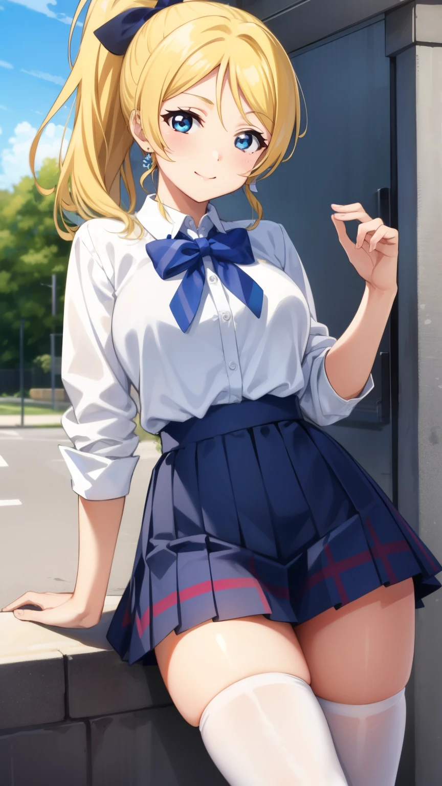 masterpiece, best quality, ultra-detailed, illustration, extremely delicate and beautiful, (beautiful detailed eyes), extremely detailed face, 16k, anime face, ayase eli(lovelive!), cute face, blonde hair, blue eyes, ponytail, white hair ribbon, big breasts, thin waist, big hips, curvaceous, A lively smile, Perfect eyes, Perfect nose, smiling, looking at viewer, otonokizaka high school uniform, white button-up shirt, neck ribbon, pleated miniskirt, thigh highs, school gate