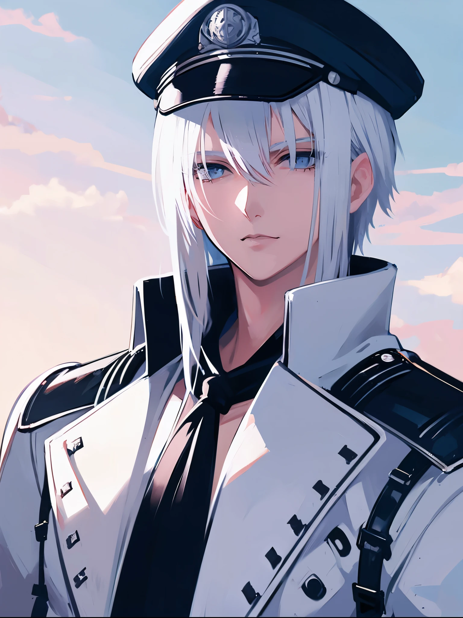 white hair, blue eyes, berret hat, white military uniform, 1 man, at battleship, upperbody, gloves, short hair