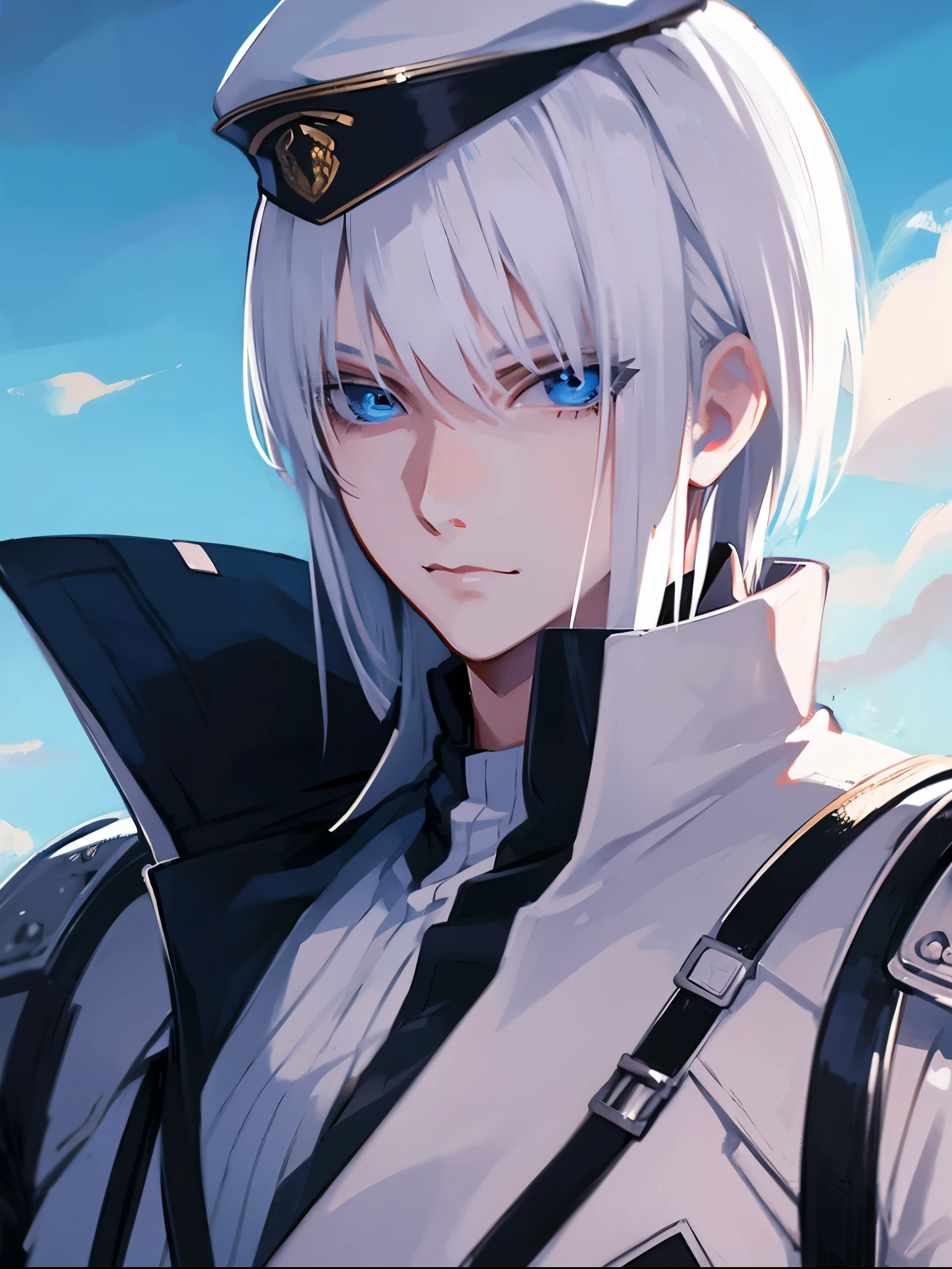 white hair, blue eyes, berret hat, white military uniform, 1 man, at battleship, upperbody, gloves, short hair