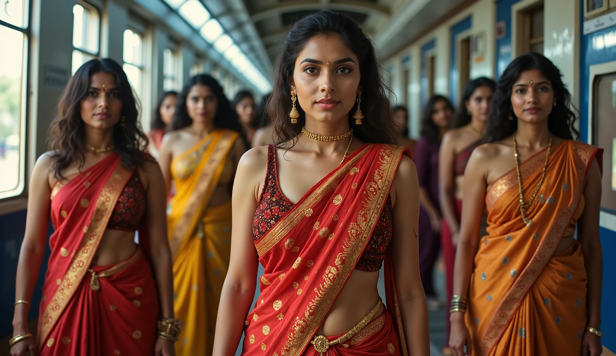 Sexy indian Bride's group with big breast and big butts exhausting colourful saree costume in sleeveless, exhausting 👠, fashion closeup in an Indian train station.
