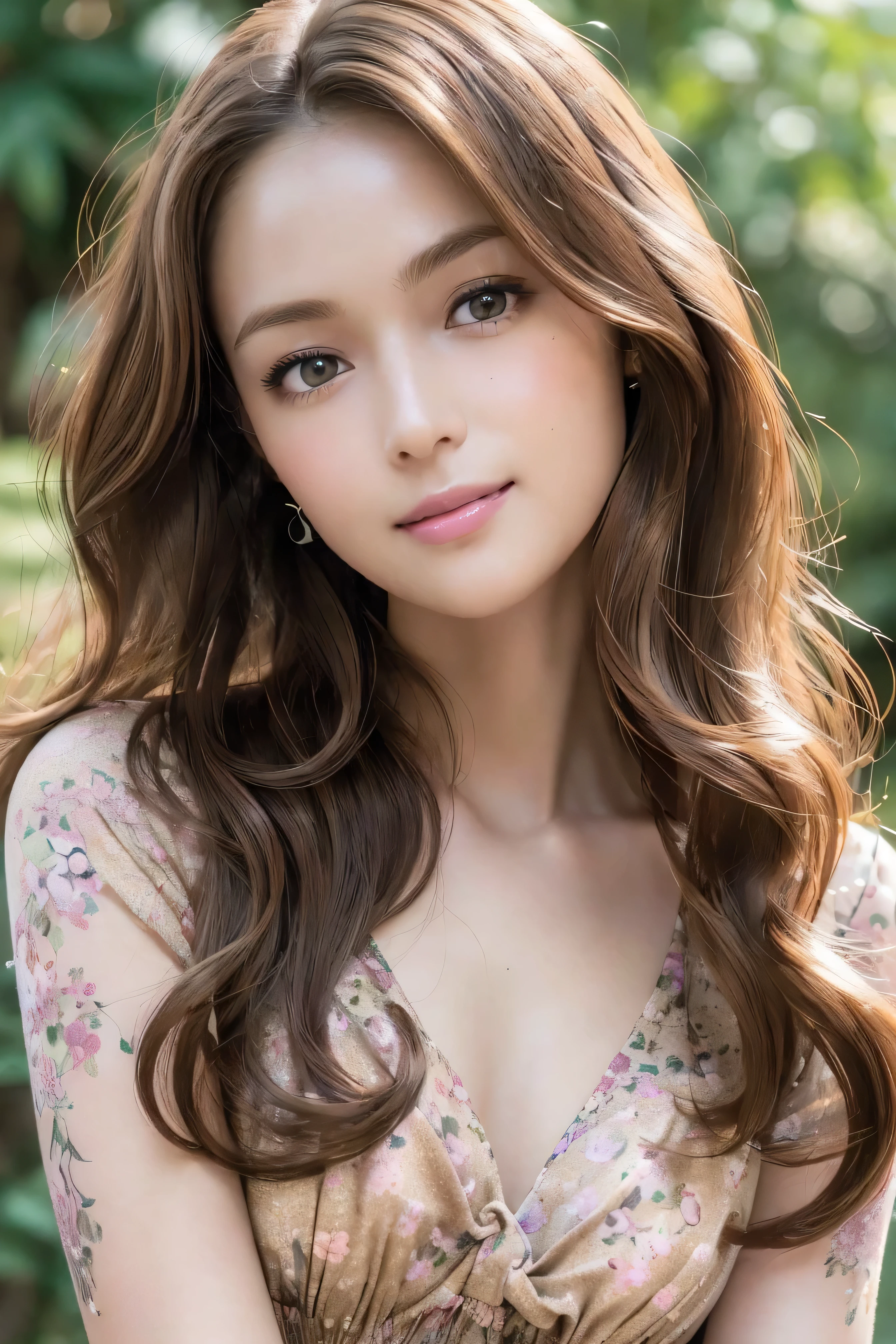 Realistic:1.2,(masterpiece,Highest quality)，,((一人のwoman:1.2)),20-year-old,Tight waist,Big Hips,Perfect Anatomy, Brown Hair, Wavy Hair,Random Hairstyles,Big beautiful breasts,((Highly detailed face and eyes))(Cute face:1.4)，Beautiful actress face，Perfect golden ratio face，Random sexy poses，smile、woman&#39;Suitini Skirt、garter belt、Accentuate your butt