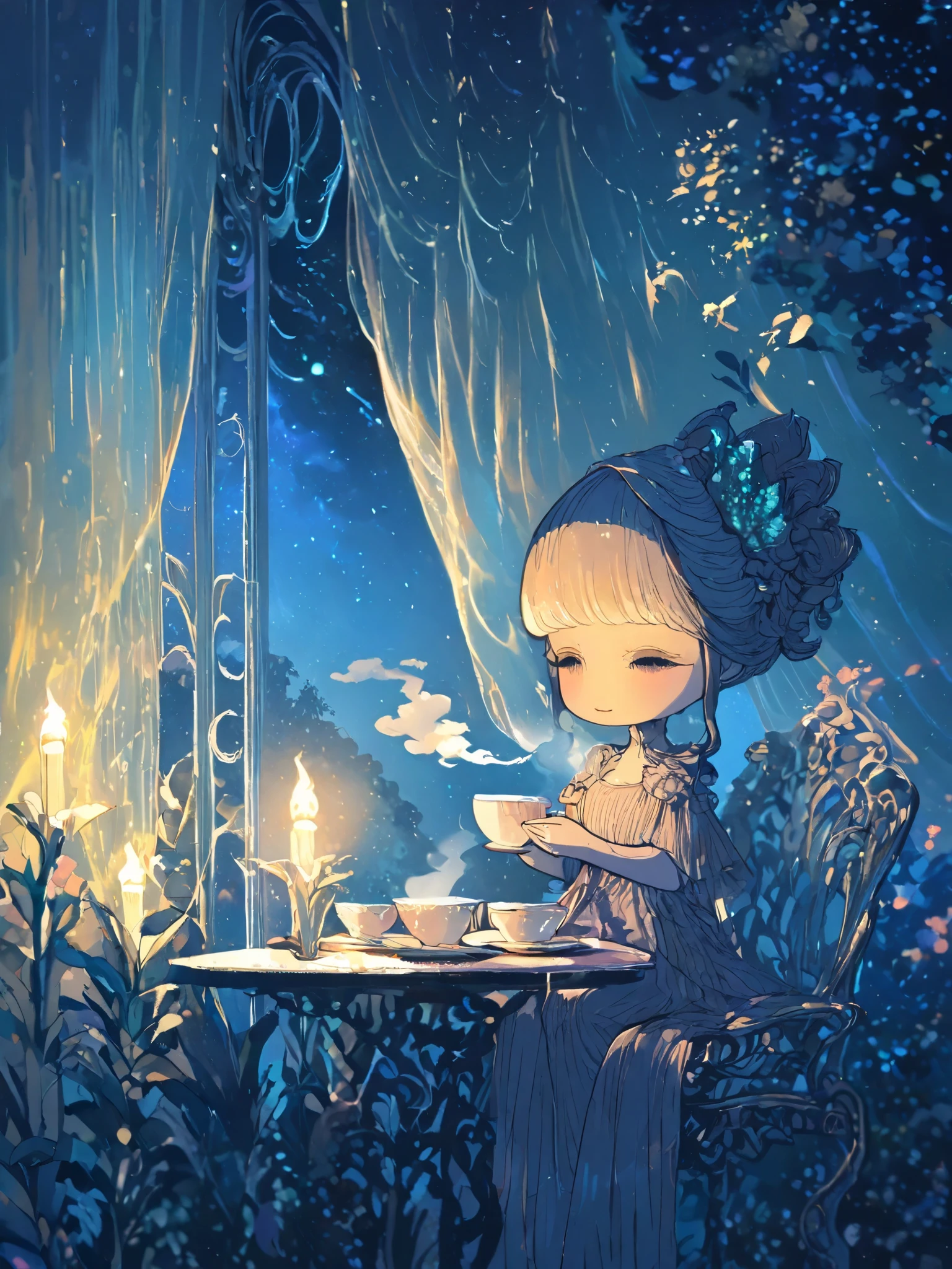 chibi, masterpiece, 748cmstyle,darkgothic, best quality, ultra-detailed, vivid color, kawaii style, nighttime tea party, 1saucer placed on the table,gentle night breeze, flowing curtains, soft candlelight, floating tea leaves, delicate porcelain teacup, steam rising, dreamy atmosphere, warm glow, elegant setting, twinkling stars in the distance, soft blue hues, moonlit garden, character enjoying tea, relaxed posture, subtle smile, calming ambiance, fantasy realism, ethereal lighting, soft textures, serene composition