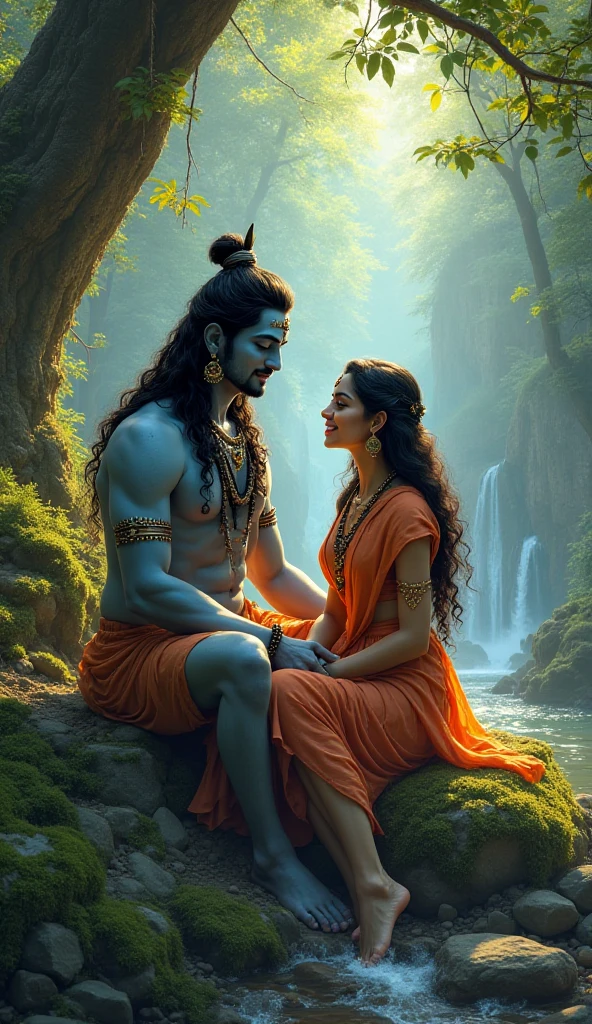 Lord Shiva and Parvati sit in River bank in sunset with beautiful clothes 