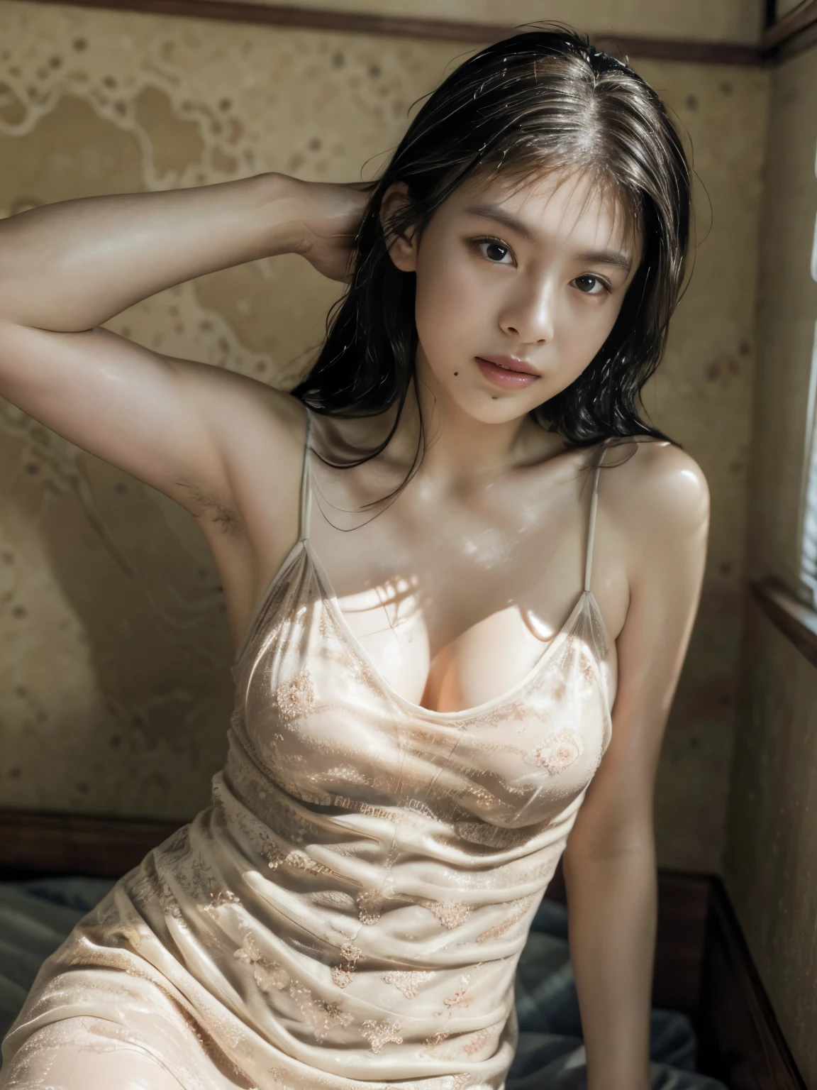 raw photo, 8k, (top-quality), Realistic, (real picture, Intricate details), (natural skin texture, detailed skin, hyper realism, sharpness), (Japanese woman, in a old and deserted hotel at night, dark and narrow room), ((wearing camisole dress on naked, lace, see-through)), armpit hair:1.4, armpits exposed, cleavage, ((wet hair)), wet skin, thighs, night time, dirty and yellowed wallpaper, small simple bed, high angle shot, look up at the viewer, full body shot, dim lighting
