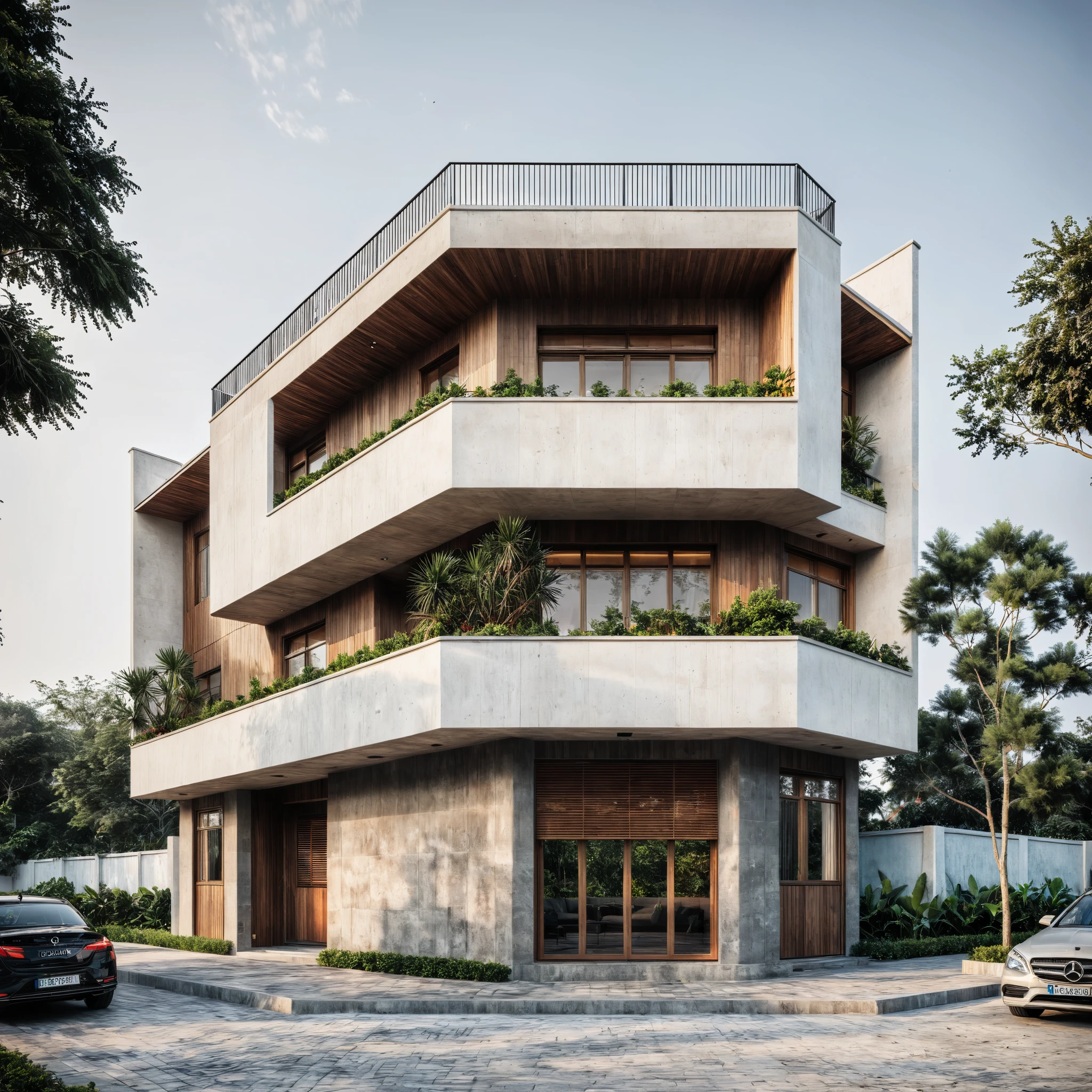 modern house, modern style, texture white and concrete, traditional ventilation tiles, open space loft villa with roof garden, modern, dynamic (RAW photo, real, best quality, masterpiece:1.2), (hyper realistic, photo-realistic:1.2), high quality, (dark lighting:1.2), perfect lighting, archdaily, architecture digest award wining sustainable architecture, cinematic
