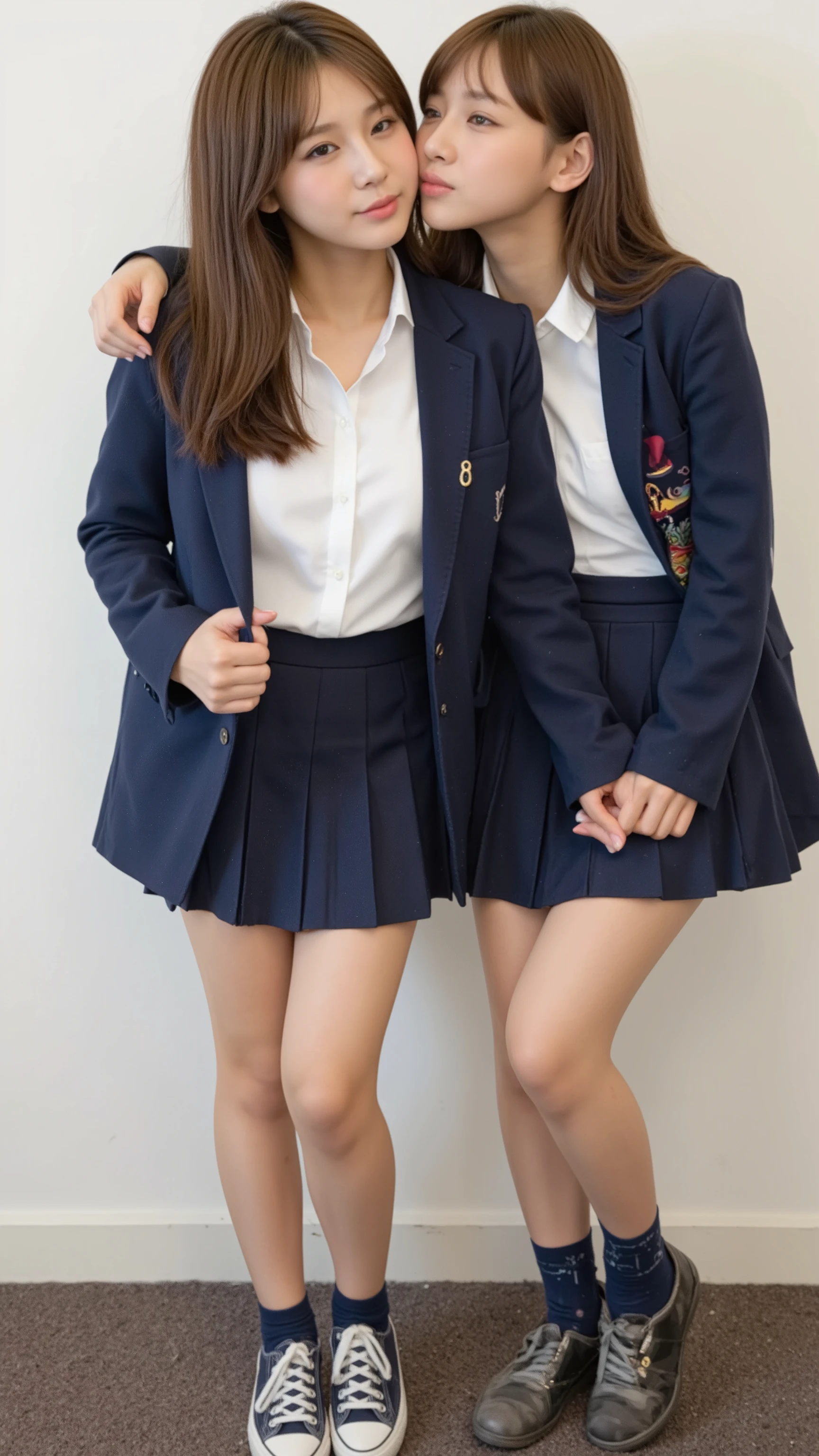 A -yeld tad high school girl at a high school in Tokyo is 2Kissing in person、They both have long brown hair and wear high school uniform blazers underneathYWear a shirt、I'm wearing a navy blue pleated miniskirt、Wear dark blue socks、 sneakers similar to Oko 、Photorealistic image showing the whole body in a composition seen from the front 、(Tokyo school classrooms)