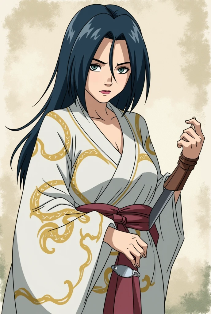 Feminine character designed for the classic universe of Naruto and Tobirama Senju the girl is with Tobirama Senju, In the style of Masashi Kishimoto Nayomi is in the anime style of Naruto just like Masashi Kishimoto draws
accessories: He has his ninja konoha tape and a few pricks of needles in his hands that make his attacks more interesting.
Accompany : This stop right next to Naruto's Tobirama Senju
Appearance: , her hair is up to her shoulders in a medium-dark color with two locks unraveling on her forehead, her hips are wide, very characteristic of her and her age, like her face, makes her look like a woman..
Her hips stand out a lot . Has a big butt too, something that sometimes makes me feel ashamed
Bodysuit: He wears a white ninja costume with gold dragon details and a lavender flower pin made of silver that holds a baffle tied in his hair.
She has very wide hips and her clothing is very elegant, as if every detail were calculated.
Her features are sad, looking at her hips in sorrow as if she were ashamed of something.
Bring the band from the village with the blade on your arm.
All in the retro style of Naruto . Features and design features of Studio Pierrot :