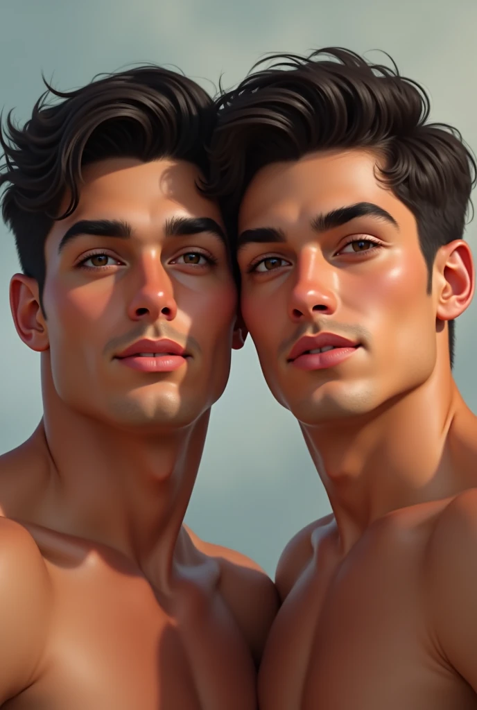 a tall handsome muscular man, solo, extremely detailed face and body, (shiny smooth skin), hot glow in his skin, perfect facial features, beautiful eyes, short hairstyle, sexy gaze, looking at the viewer romantically, explorer, explorer's clothes, ancient ruins, big lake, cloudy sky, lush nature, (best quality,4k,8k,highres,masterpiece:1.2),ultra-detailed,(realistic,photorealistic,photo-realistic:1.37),dramatic lighting,vibrant colors,cinematic composition
