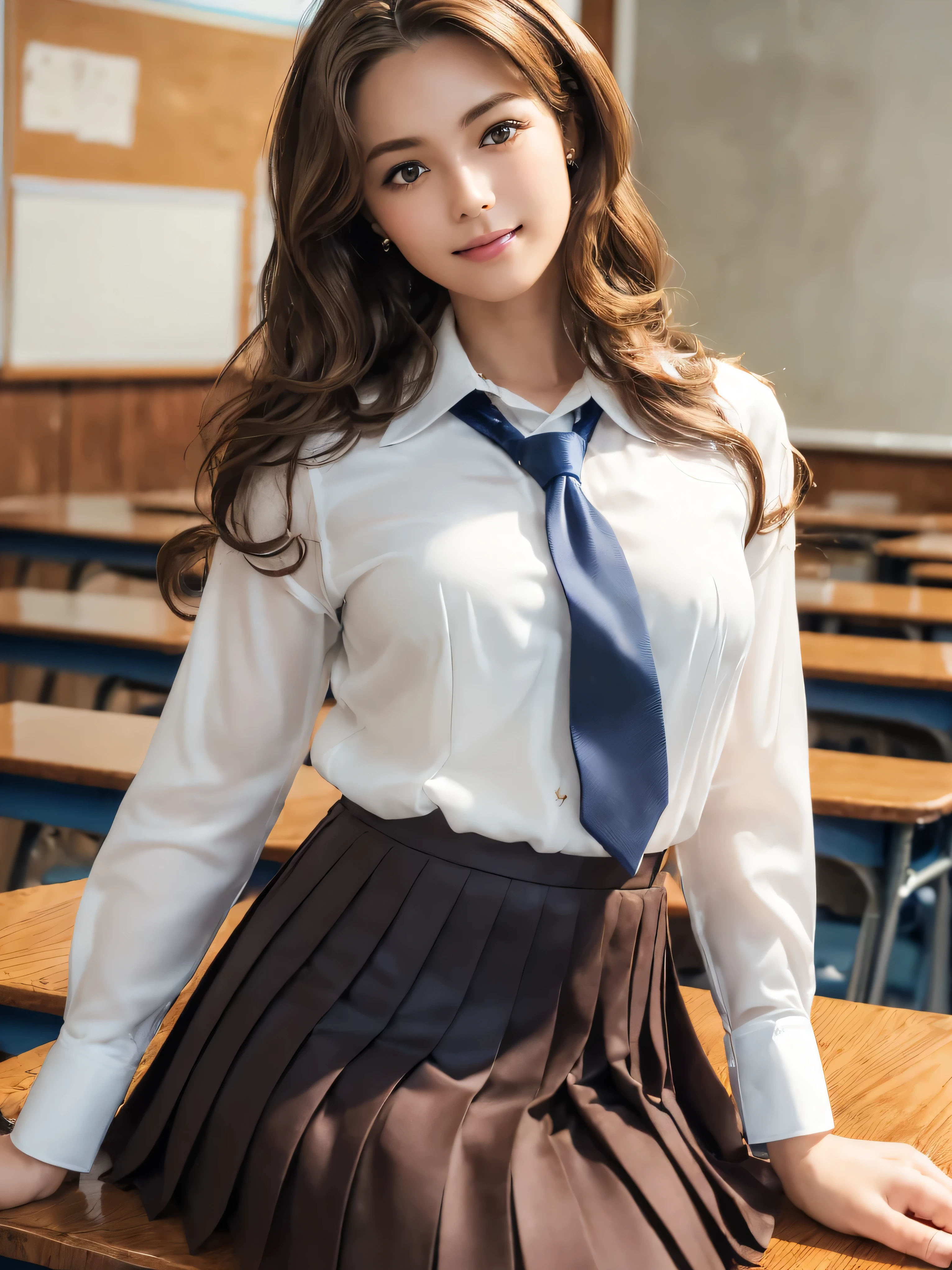 8k,best quality, masterpiece, ultra detailed, ultra high res, photorealistic, raw photo, absurdres, absolutely resolution, ((1girl)), full body ,a Japanese young pretty woman, hyper cute face, glamorous figure, large breasts , long bob hair , (school uniform :1.3),desks ,glossy lips, double eyelids in both eyes, natural makeup, long eyelashes, shiny smooth light brown long bob hair, asymmetrical bangs, shiny skin, central image, high resolution, high detailing, detailed hairstyle, detailed face, spectacular movie lighting, octane rendering, vibrant, hyper realistic, perfect limbs, perfect anatomy