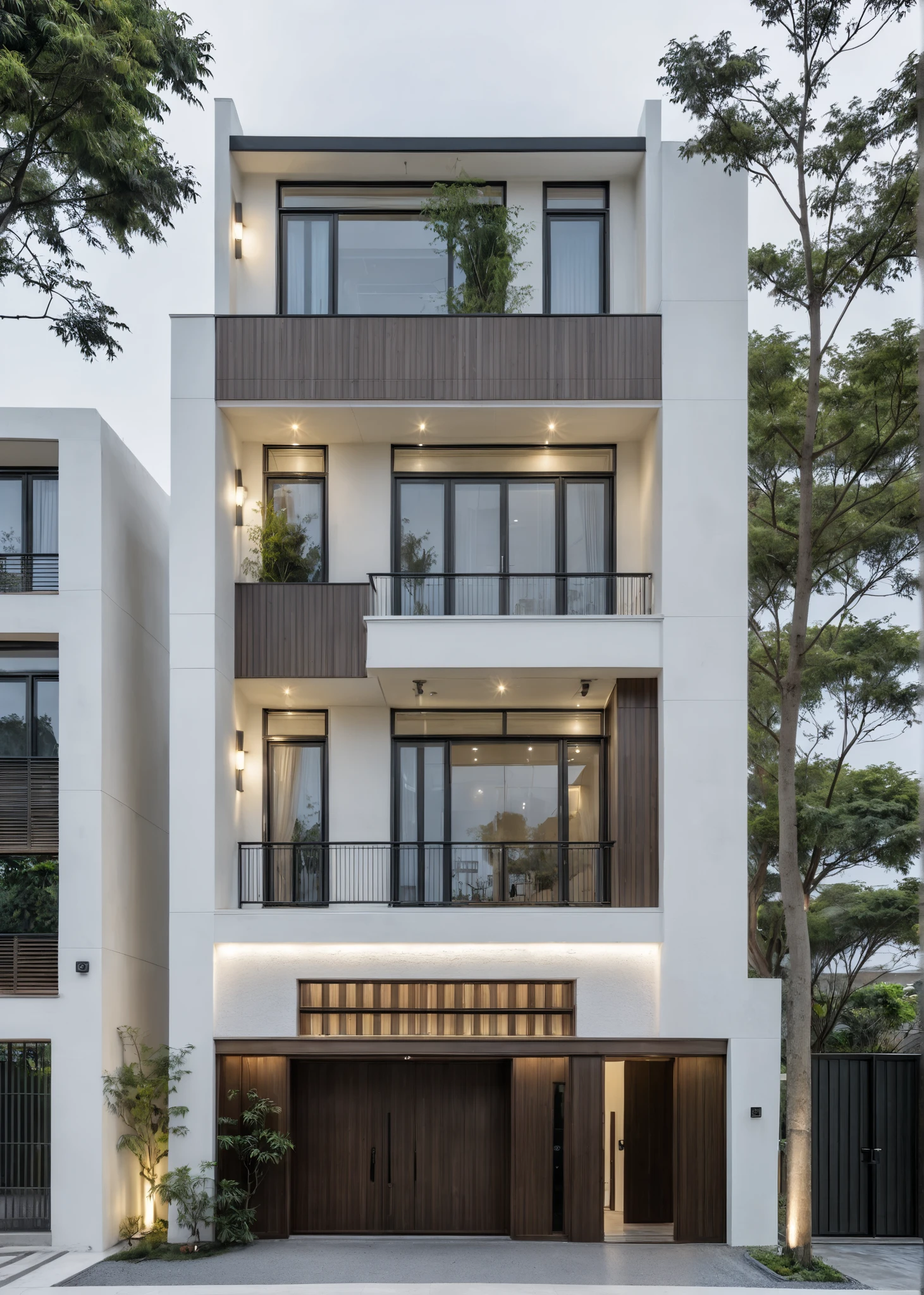 RAW photo, a photo of a modern house, (curvilinear chrchitecture:1.4), Wabisabi style rounded wall, white wall, steel dark gate, sidewalk, sidewalk trees, ((grey gate:1.2)), road, viet nam modern residence, ((architectural shot)), rough white wall, new residential area, wide angle exterior 2022, contemporary house, exterior photography, masterpiece, contemporary architecture, overcast, indirect lighting