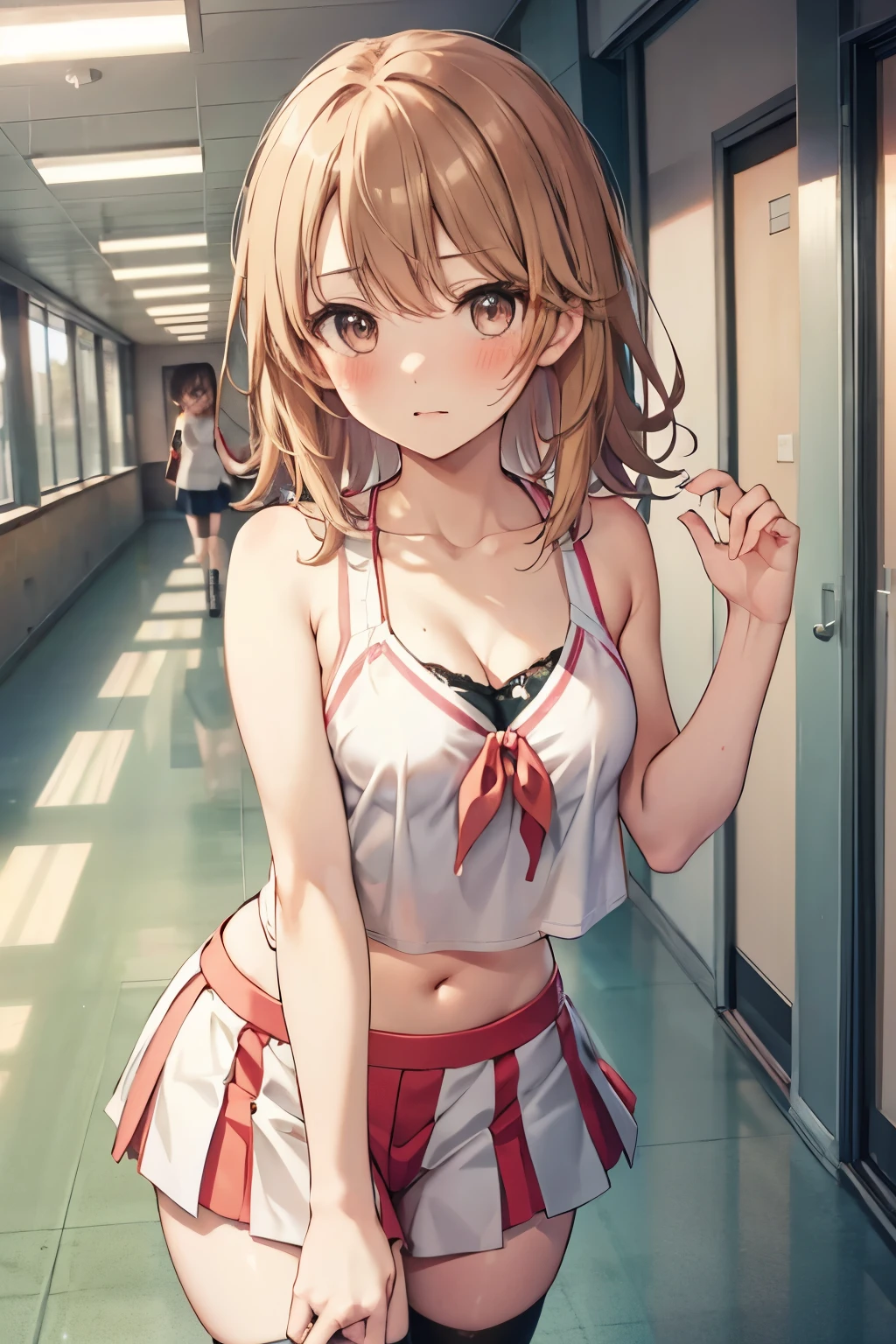 Chisatoniki, Chisato, short hair, bangs, blonde hair, (red eyes:1.5), hair ribbon, one side up, bob cut,
destroy shirt, bare shoulders, twin tails, clavicle, hair ribbon, Gym suit、bloomers、off shoulder, red ribbon, ショートtwin tails, grin and laugh,highest quality, High resolution, (shape:0.8), (fine and beautiful eyes:1.6), highly detailed face, perfect lighting, Detailed CG, (perfect hands, perfect anatomy),全身shape、track and field track、sunny、
