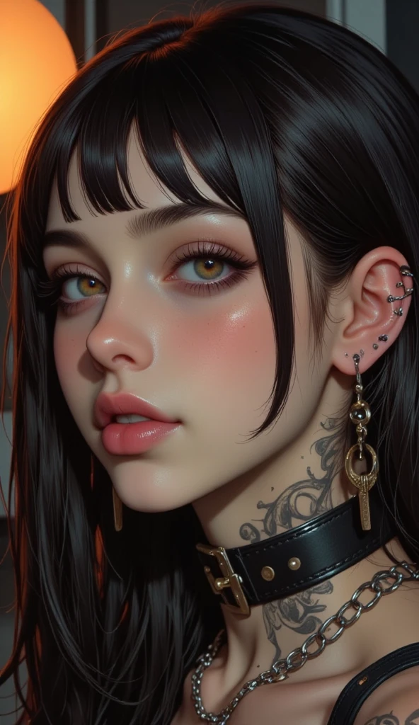 gquality, nicki, 1girl, solo, bangs, shirt, jewelry, closed mouth, black dress, in the nightclub, earrings, hair bun, parted bangs, portrait, realistic, looking to the front, lipstick, nose piercing, 