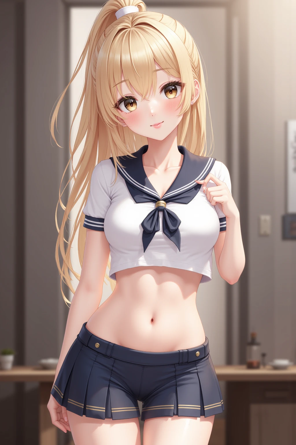 navel, serafuku, neckerchief, ((short sleeves)), thighhighs, cowboy shot, very long hair, sideboob, white shirt, turtleneck, pleated skirt, garter straps, medium skirt, upper body, highleg, medium breasts, underboob, standing,