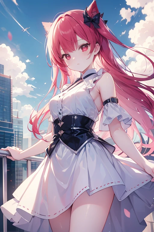 one-girl，byself，The city at night，is shy，Be red in the face，((white dresselack stockings，garter straps，medium，On the top floor of a tall building，gentleness，ssmile，((With bare armlack glove，Place your hands behind your back，night city background，On the balcony，Mitsukasa Ayase，Pink Long Hair，dishiveredhair，No hair accessories，7 figures