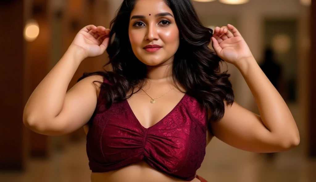 Madhuri Dixit 28 years old beautiful different cute Indian face Indian girl, big bulky m-cup breast, curvy plus size body figure, 3d Crewel Embroidery t-shirt, different colorful 3d Abstract Crewel Wearing a Banarasi descent saree politely, different hairstyle, bright eyes, thin eyebrows, fair skin, blushing cheeks, head to thigh close up view, smiling face, ultra realistic skin texture, Straight front view standing, beautiful different Urban Loft background, ultra realistic, close up head to thigh view, black hair, Provocative eye Contact, glossy lipstick, attractive eye contract face, big bulky breast