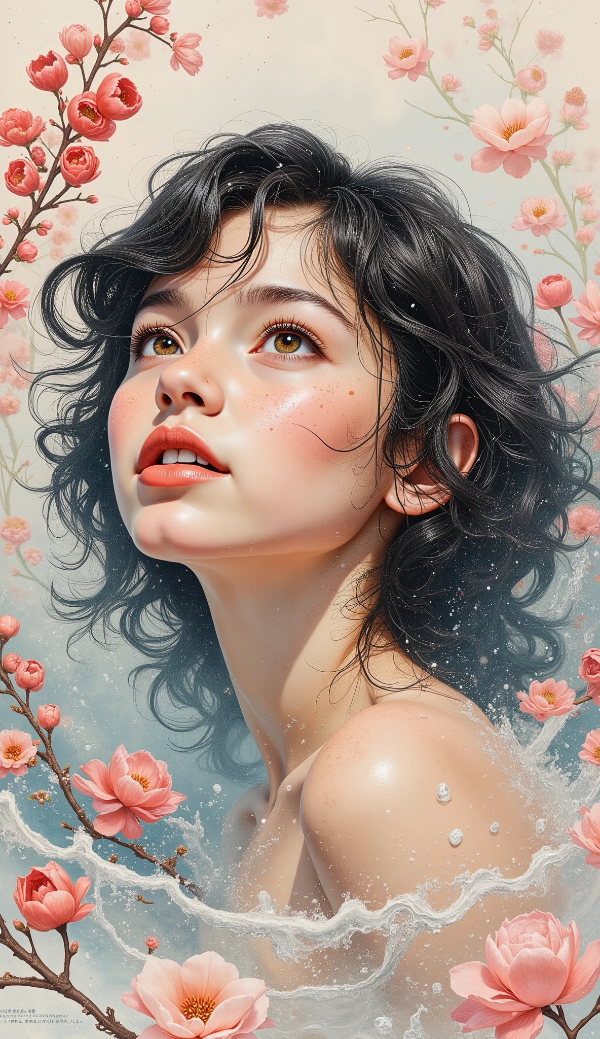 Hyper-realistic digital artistic portrait of a young girl -18 with wet hair, close-up, standing up to her neck in pure, pure water behind transparent drops of water falling from above, forming vertical paths. She looks up and away. Close-up of face and neck. A girl with dark, wet, curly hair looks naive and surprised. There is a slight smile on his lips. The head is raised, the face is slightly turned. She has slightly freckled, moist skin and charming, incredibly transparent brown eyes with fluffy long eyelashes. There are many transparent large and small drops of water and splashes in the air. Small delicate red cherry blossoms form the frame of the image. The background is light and neutral. Vintage warm filter. From top to bottom. The overall style combines digital art and watercolor painting, the details of hair and face are clearly drawn, but the color shades of skin, background and water emphasize the handwriting, showing spots, streaks, splashes and strokes. The atmosphere of the image is dreamy and nostalgic, evoking memories. The colors should be muted, but bright, with an emphasis on pink, peach, red and green shades of flowers and delicate shades of her skin. Soft light falls from above and behind, casting shadows on the skin from the eyelashes, nose, lower lip and chin of the girl. The shadows on the hair are watercolor, gray-blue, blurred and opaque. Artgerm Style.