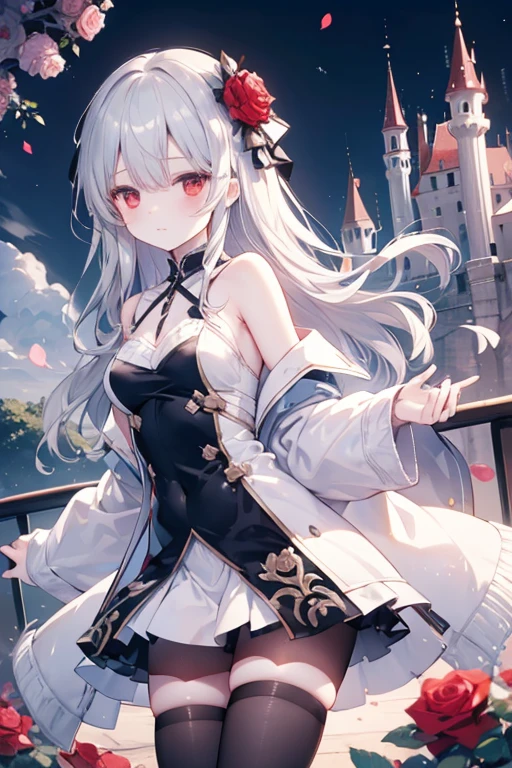 silber hair、red eyes、Beautiful girl alone、Black fluffy dress、off shoulders、Western-style castle、Bright red roses、a miniskirt、tiarra