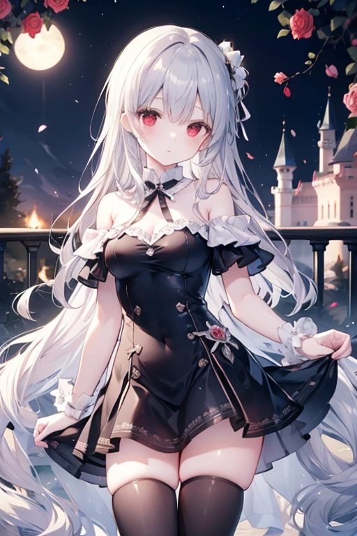 silber hair、red eyes、Beautiful girl alone、Black fluffy dress、off shoulders、Western-style castle、Bright red roses、a miniskirt、tiarra