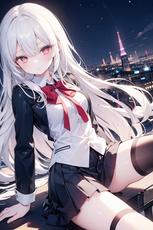 (((masterpiece))), (((best quality))), ((ultra detailed)), Highly Detailed beautiful and aesthetic, extremely detailed CG, perfect details, very delicate light, finely detailed eyes and detailed face, detailed light, (best shadow), (best anatomy), beautiful detailed eyes, (detailed body), detailed face, (colorful), beautiful detailed hair, (ray tracing:1.2), hair flows upsides, looking at viewer, full_body, (small breast), (shiny skin:1.5), (city view:1.4), (sitting:1.5), 1girl, (solo:1.4), (closed mouth:1.3), bangs, long white hair, pink eyes, upper body, white coat, gloves, white long skirt, night dark fantasy background