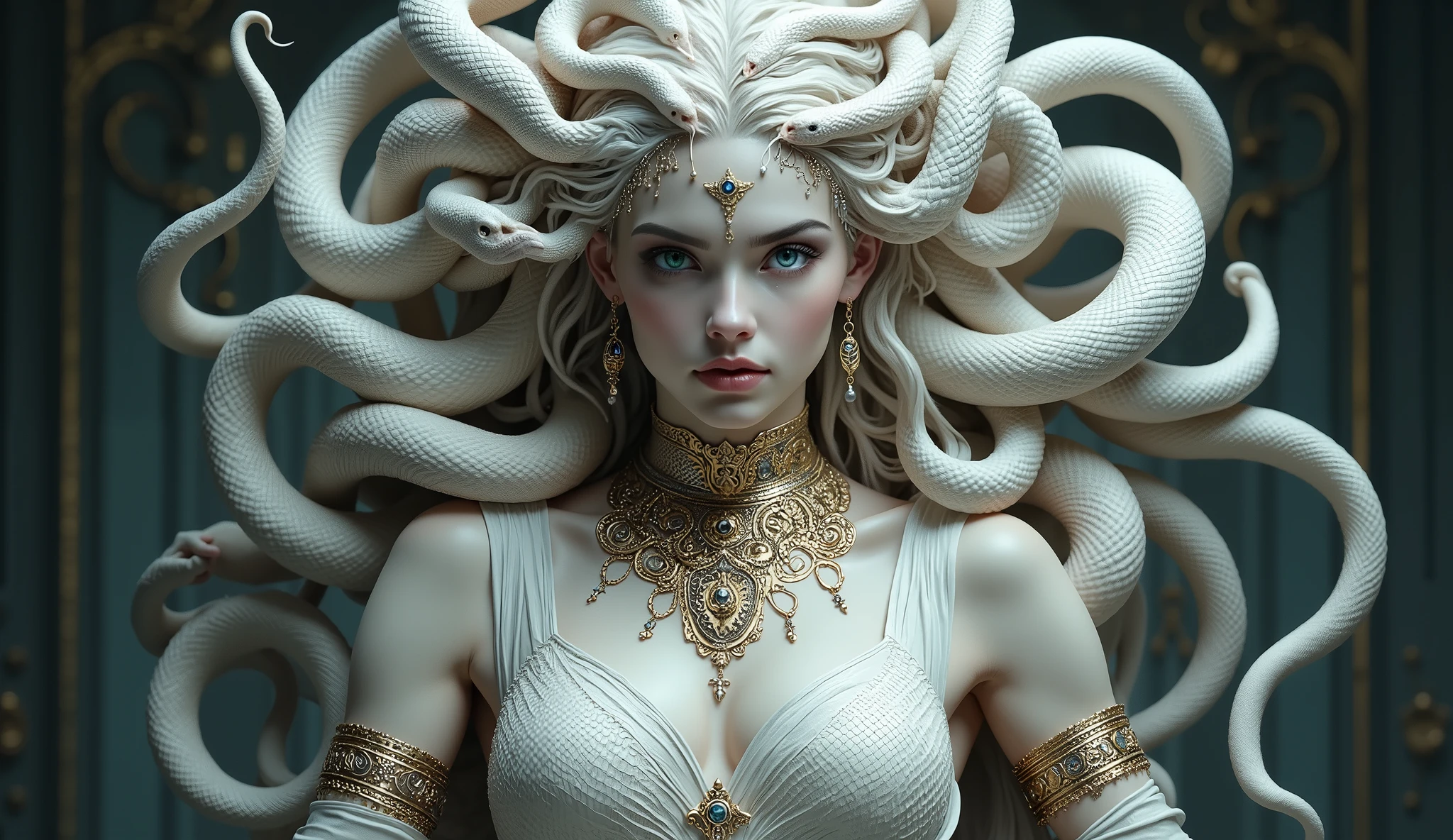 Medusa Greek mythology , (Ancient Greek clothing:1.3), (Gold and silver jewelry, Wide collar, bracelet, bracelet, [Enamel bracelet, earrings, Wide waistband ), hair of many snakes , image of a snake with snow white all over , fair skin covered with shiny scales, sky blue eyes , slightly moist lips , Puppy teeth , showing red tongue , Thin waist, Wide hips, perfect figure , ( hands on the waist , legs apart, Full body shot ), View from below, White snake image ,
