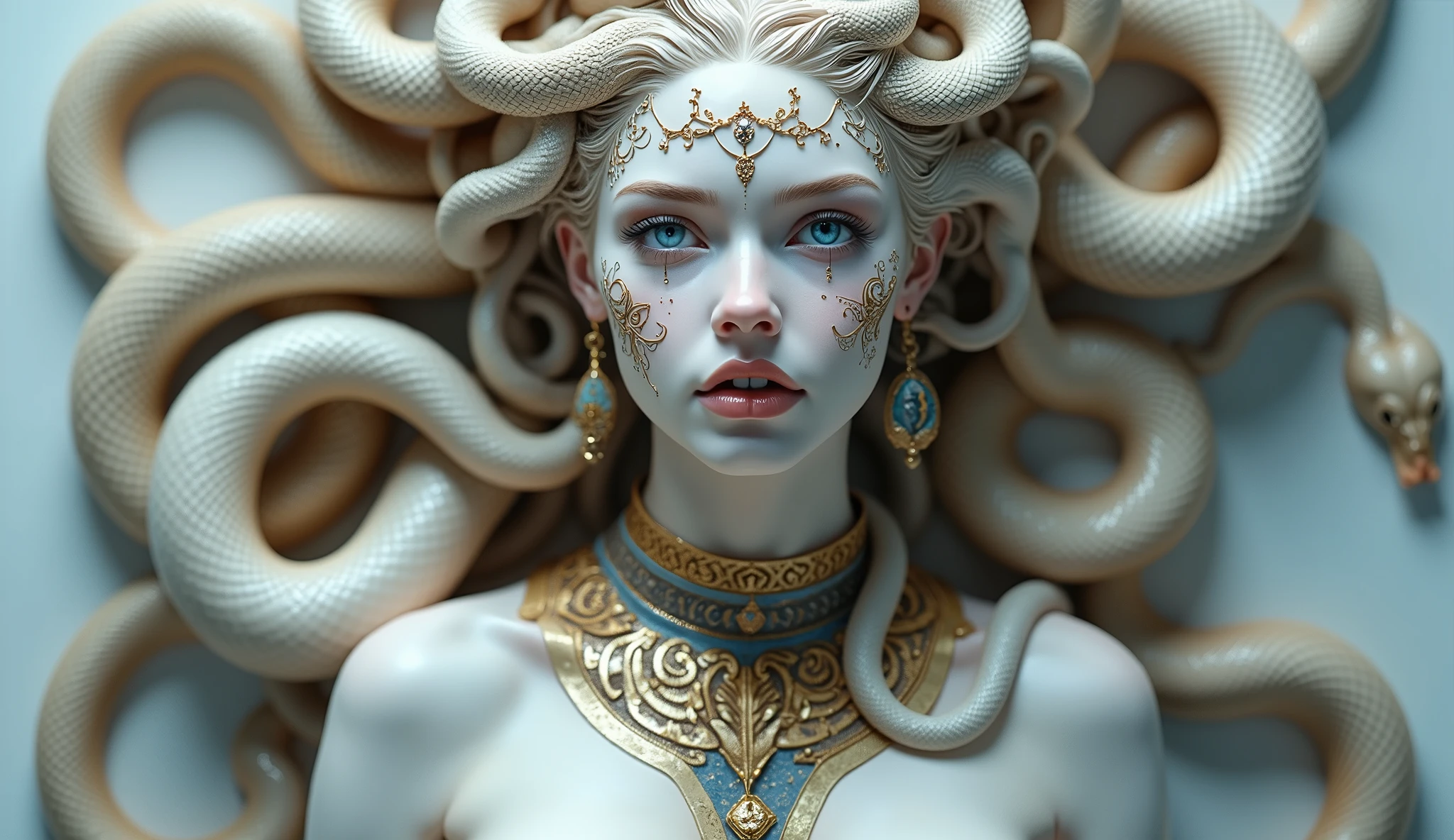  Medusa Greek mythology , (Ancient Greek clothing:1.3), (Gold and silver jewelry, Wide collar, bracelet,  bracelet, [Enamel bracelet, earrings, Wide waistband ),  hair of many snakes ,  image of a snake with snow white all over ,  fair skin covered with shiny scales,  sky blue eyes ,  slightly moist lips , Puppy teeth ,  showing red tongue , Thin waist, Wide hips,  perfect figure , ( hands on the waist ， legs apart,  Full body shot ), View from below, White snake image , 