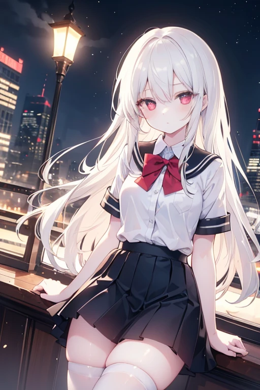1girl, beautiful detailed eyes, long white hair, light red eyes, school uniform, high white stocking, lustrous skin, city, night, high contrast, ((masterpiece, best quality))