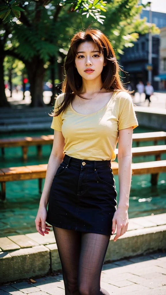 (8K, RAW Photos, Highest quality, masterpiece:1.2), (professional photography, full colors, studio-caliber color grading), (Gravure quality for high-end fashion magazines), BREAK,18 year old girl, (boyish:1.15), (mannish:1.1), Big Natural Color Lip, Plumpy body, (smooth skin:1.1), (huge breasts:1.0), BREAK (Less revealing shirts:1.2), Very short yellow checked miniskirt, BREAK (In a forest rich in nature:1.2)
