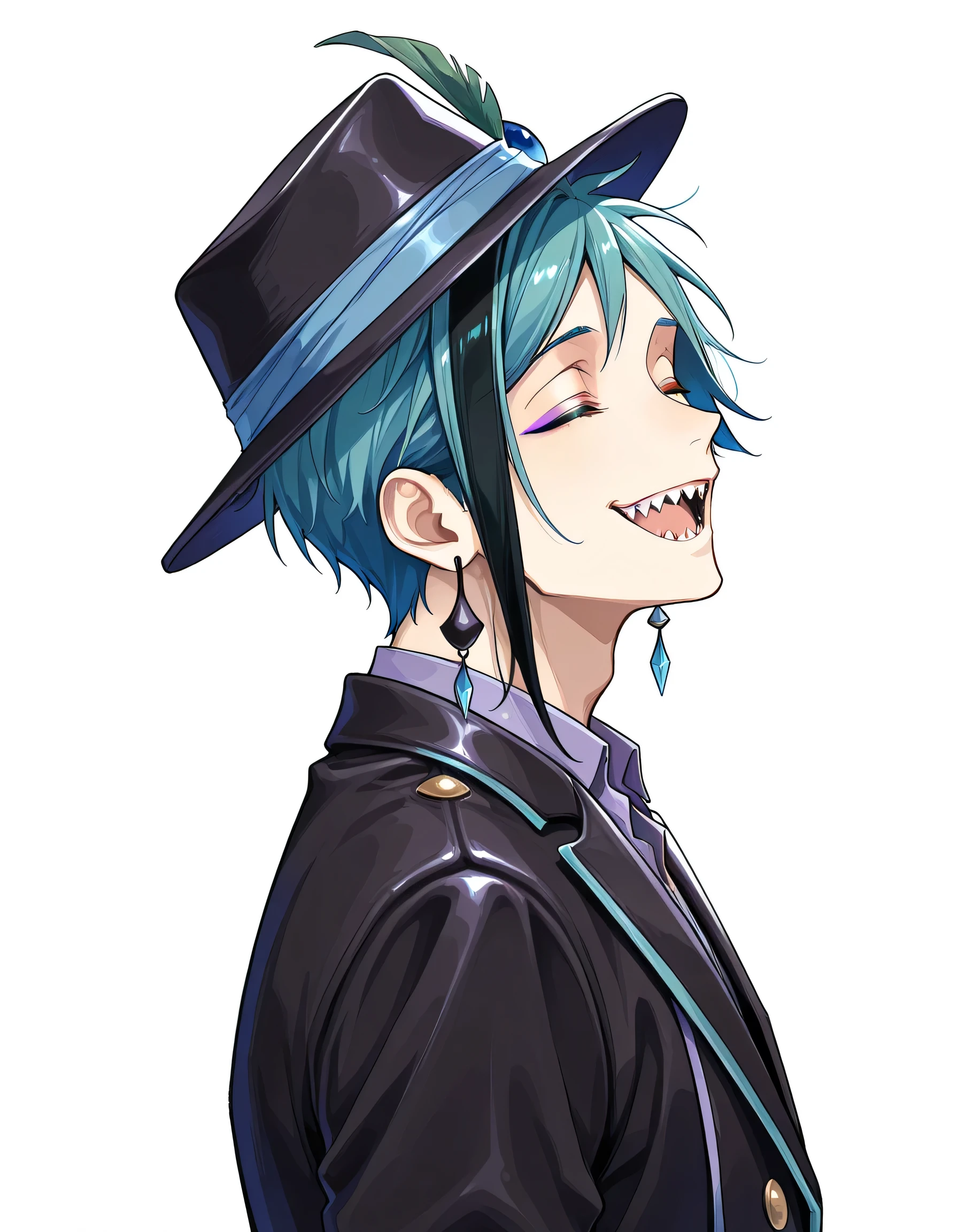 (sideview),upperbody,sharp teeth, jacket, closed eyes, 1boy, heterochromia, jewelry, multicolored hair, male focus, floyd leech, hat,white background,