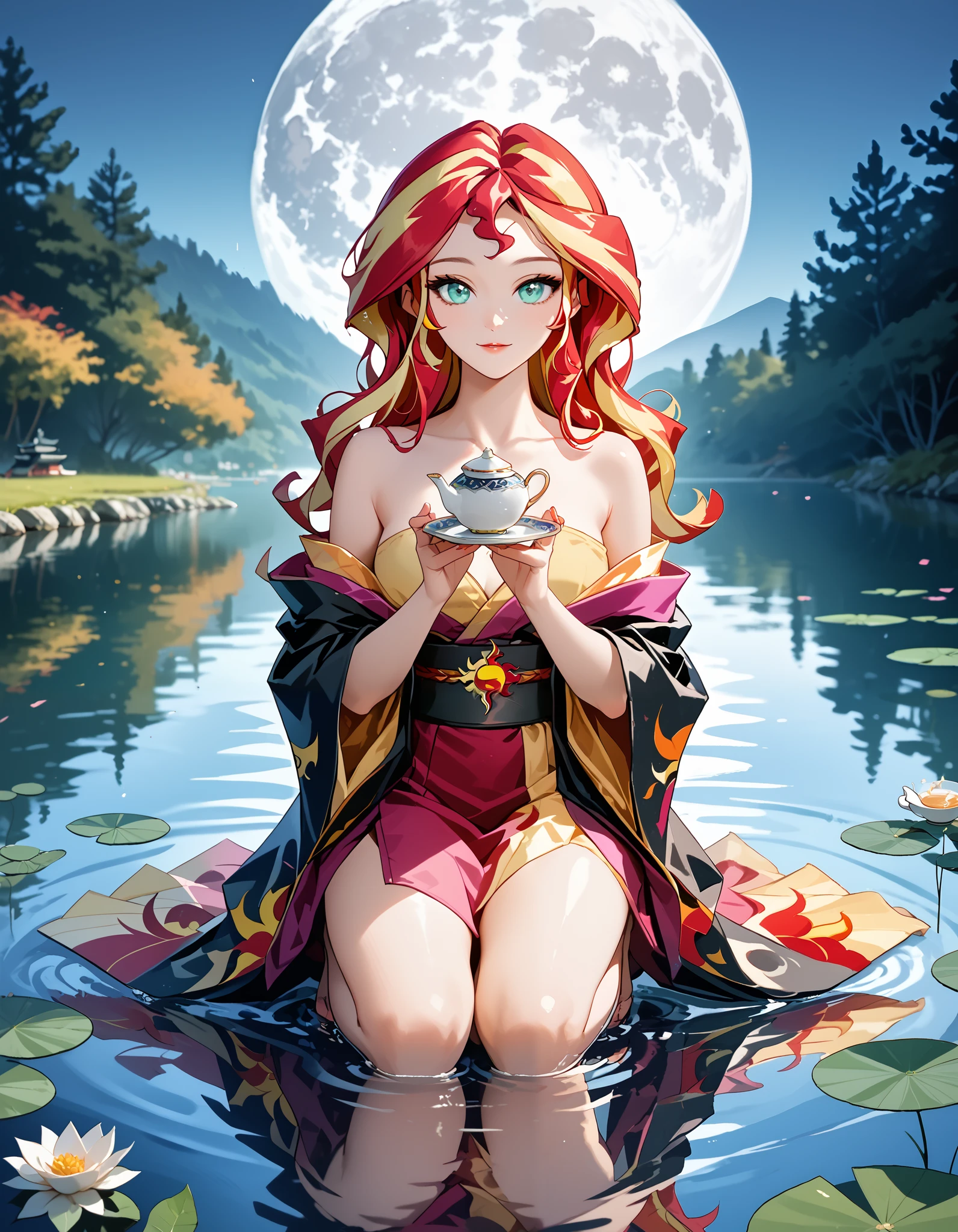 sunset shimmer, wavy hair, wearing an ornate kimono, kimono off shoulders, kneeling, legs together, tea ceremony, holding an ornate teapot in her right hand, holding ornate teacup on a saucer in her left hand, full moon behind her head, moonlight shining through her hair, front view, looking at viewer, outside, serene meditation pond, extremely detailed, graceful pose, serene expression, reflections in water, rippling waves, atmospheric mood