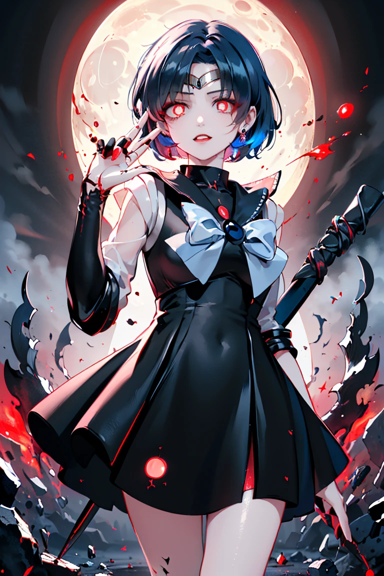 「 TOP QUALITY、 high resolution、 Dark Fantasy Art。 A girl, Sailor Mercury, appears as an enemy in front of her former friends。 Has a cold smile 、( Evil Aura ) 。((Totally vampiric ))And (Devil's Magic ) A girlfriend who can use 。(( Jet Black Dress )) Swying in the Wind 、( Red and Eerie Glowing Eyes :1.5) is watching an old friend 。( and she became a member of an enemy organization)、(large, vertical, oval, jet black pupil :1.5) 、( the tips of her blue hair are dyed red like blood 。:1.2) 、 ( enemy organization executive )Standing as 、( I'm trying to kill my former friend。)
(( her narrow eyes are dyed red like blood ))、( and walks slowly with a crazy smile ) In your face。
( The background is a ruined battlefield on a dark foggy night ),(I、Salem Moon 、 came to kill you :1.5)、They are trying to kill them by waving up a big spear with blood on it