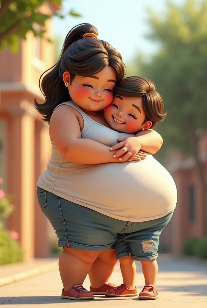 Adult woman with curvy body with small boy