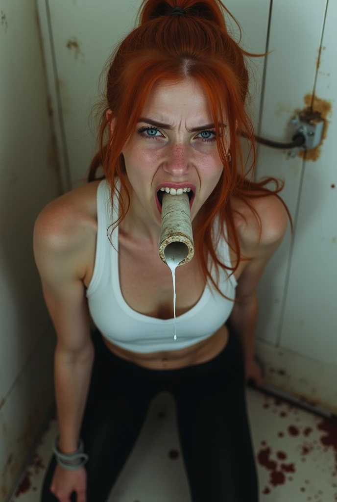 (8k, RAW photo, highest quality) depth of field, bokeh, 8K, HDR, cinematic rendering, a portrait of a 27-year-old redhead woman in distress, some small freckles, screaming, ring gag, dressed in torn red lingerie, topless kneeling on the floor of a cell, no escape, chained down to floor by choker collar, hands are handcuffed above her head, tentacles grabbing her body, her body wet, look toward camera fearfully, covered in white slime, covered in milk,
