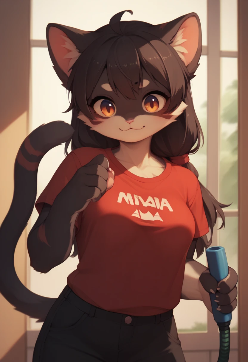 .     funny happy  smiles 16 years old, Cat girl   ( cat ears medium length brown hair with one 1 short braid, brown  cat tail, yellow eyes, big tits  , )))....... Red red red t-shirt...... Black black Black long  long long skirt , staying , стоит в полный рост ноги до голени , Arm bent at the elbow, palm clenched into a fist . Без фона