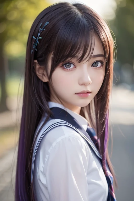 Close-up of a person with purple hair and a purple tie, Stylized anime, Anime Moe Art Style, Katana Zero video game characters, anime girl of the future, Portrait Anime Astronaut Girl, Portrait of a girl in the Knights of the Zodiac, Close-up of a young anime girl, Anime Style, With glowing purple eyes, Anime Styleに, Anime Style3D