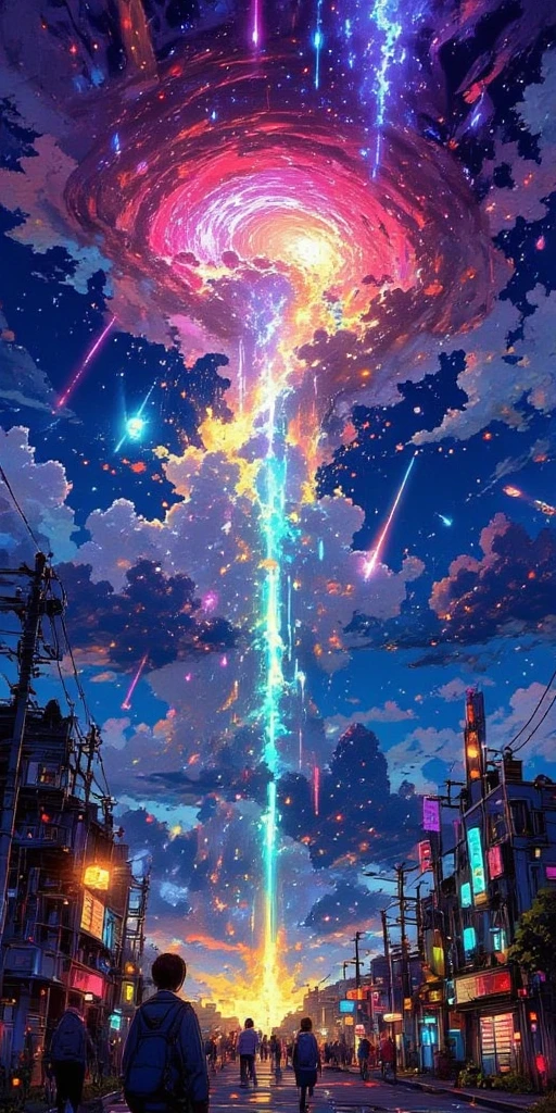 tilted Dutch angle view of a very beautiful end-of-the-world scene, blowing the clouds tremendously so many beautiful colorful meteors falling one after another to beautiful lively city . Very dynamic dramatic picture. The sky is beautifully spread out in an impossible and unusual vivid color. People are looking at it from below. shock wave of meteor impact blurring the image.