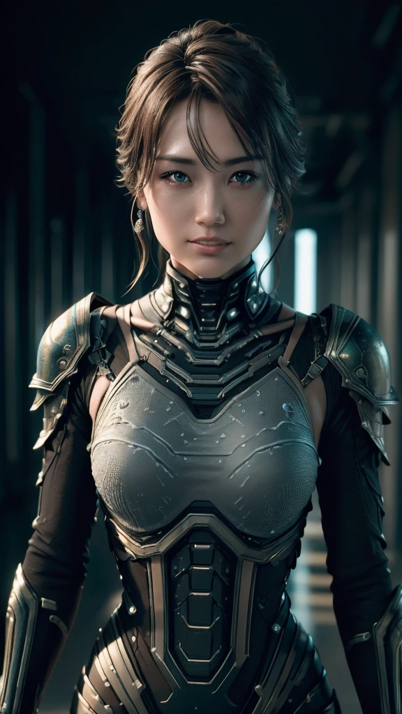 "Complete art masterpiece, high quality, ultra detailed in 4k, 8k, high resolution, hyper-realistic photo, hyper-detailed, realistic skin texture, amazing shadows, extremely detailed texture, perfect lighting, high-level image quality." A female heroine, (Fair skin, brown hair, chinese, outlined eyes, outlined face, gloves, thin body), wearing a one-piece leather tattered armor, dystopian wastland nuclear Fallout Future, sexy arms UP pose, armpit