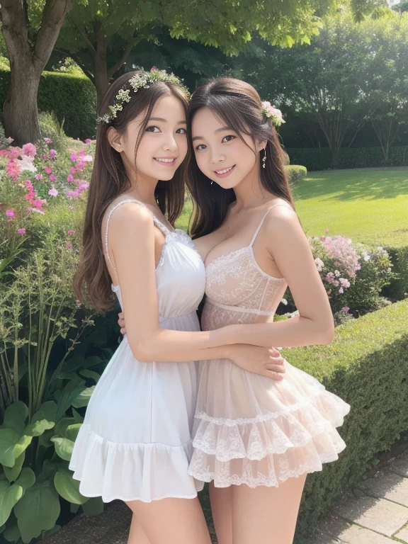 ((masterpiece: 1.3),8k, Realistic, RAW Photos, Highest quality: 1.4), beautiful顔, (Realistic Face), (Brown long hair: 1.3), bangs, Perfect dynamic composition,(High quality with attention to detail, Realistic depiction of eyes:1.3)、The whole is facing forward、21talent、beauty、Well-formed face、Even out the eyes、Anatomically correct fingers、The correct number of fingers、Correct number of arms、Banditium Build、Balanced ratio、beautiful足、Fresh face、beautiful景色、beautifulヘアスタイル, (bangs), (smile), smile, Realistic eyes, Gloss, highlight, highlight in the Eyes, eyelash, 目の中のbeautifulディテール, (Realistic Skin), Shooting from the air、beautiful肌, Transparency、(beautiful)、 bust, smile, teeth, Confused, charm, 超High resolution, Ultra-realistic, High resolution, Golden Ratio, clear eyes, Wet, Looking into the camera, ear, Shine, Long neck, double eyelid, Thin eyebrows、Big eyes, cheek, kind character, charm personality, kind, 圧倒的なcharm, bright personality、Two Girls、Twin girls hugging each other、(((Choker on ribbon、Short sleeve,White lace see-through dress、Cleavage、Brown Sandals、barefoot、whole body:1.5)))、 (garden,Colorful flowers:1.4),
