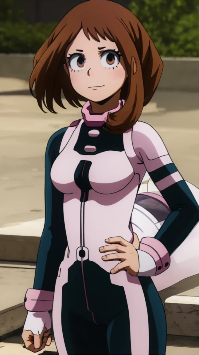 ochakouraraka, ochako uraraka, (uraraka ochako:1.5), (brown eyes:1.5), brown hair, short hair, blush, blush stickers, smile,
BREAK (bodysuit:1.5), skin tight, superhero,
BREAK outdoors, city,
BREAK looking at viewer, standing, idle, hand on hip
BREAK (masterpiece:1.2), best quality, high resolution, unity 8k wallpaper, (illustration:0.8), (beautiful detailed eyes:1.6), extremely detailed face, perfect lighting, extremely detailed CG, (perfect hands, perfect anatomy),