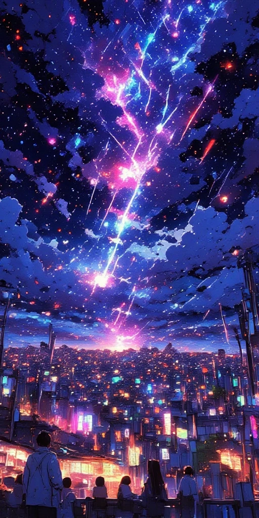 tilted Dutch angle view of a very beautiful end-of-the-world scene, blowing the clouds hundreds of tremendously beautiful colorful meteors falling one after another to beautiful lively city . Very dynamic dramatic picture. The sky is beautifully spread out in an impossible and unusual vivid color. People are looking at it from below. shock wave of meteor impact blurring the image.