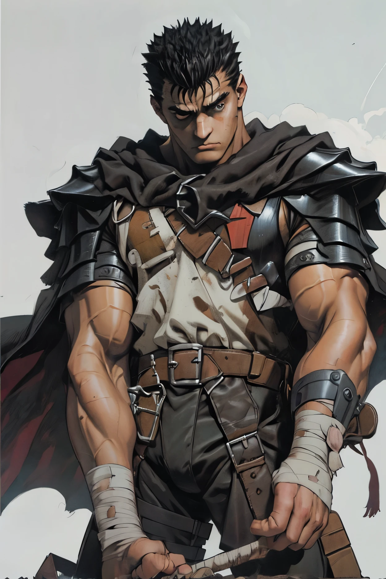 masterpiece, best quality, highly detailed, guts \(berserk\), 1boy, armor, bandages, black hair, cape, full moon, huge weapon, male focus, manly, moon, multicolored hair, one eye closed, scar, solo, sword, weapon, white hair
