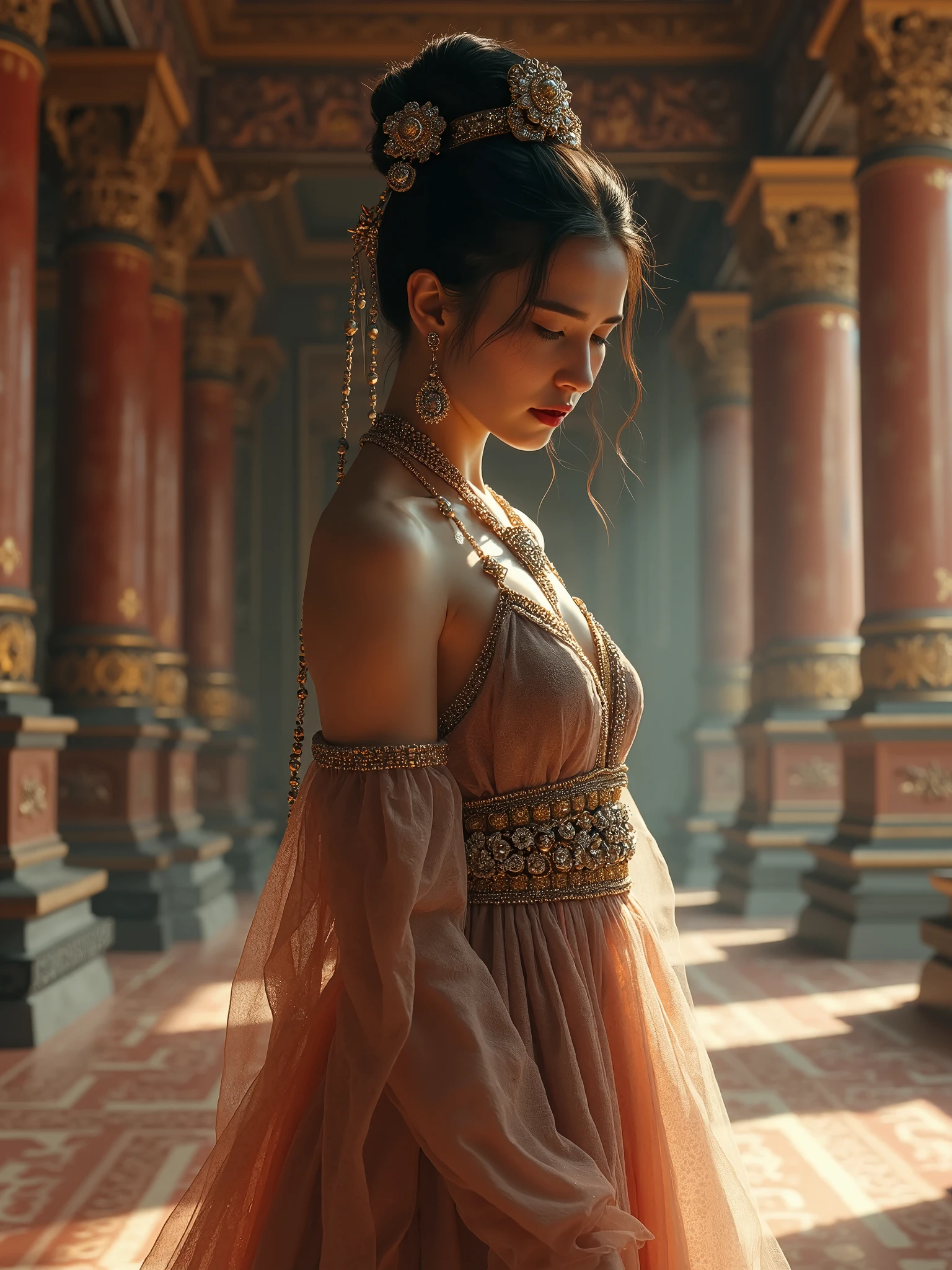 Elegant and charming image, Powerful and mysterious Arab woman, Her flowing hair fluttered in the flowing desert breeze. She wields a gorgeous bow, Decorated with intricate decorations and ornate designs. sunrays casting long shadows, Highlight the delicate beauty of women,Evoke a sense of mystery and connection. The shallow depth of field isolates women from the desert environment, Emphasize the strong connection between the two. Shallow depth of field, Soft lighting, portrait lens