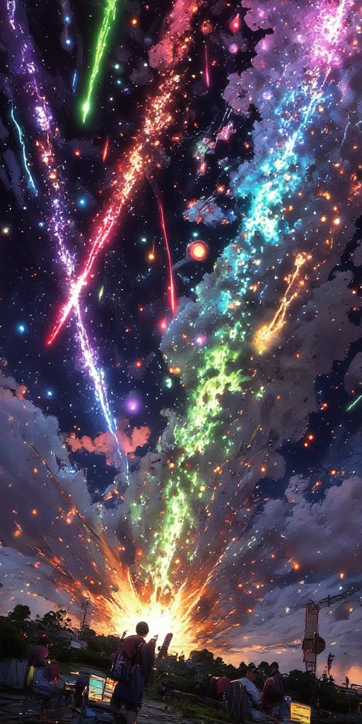 tilted Dutch angle view of a very beautiful end-of-the-world scene, hundreds of tremendously beautiful colorful meteors falling one after another to beautiful lively city blasting clouds above city. Very dynamic dramatic picture. The sky is beautifully spread out in an impossible and unusual vivid color. People are looking at it from below. shock wave of meteor impact shaking the city hard.