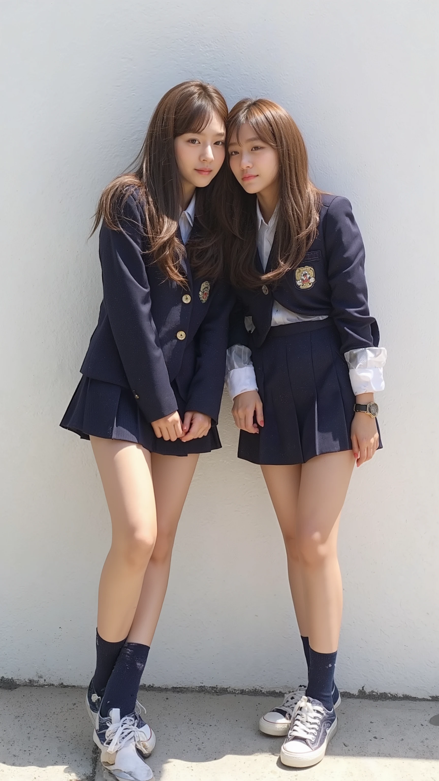 A 17-year-old girl who got sunburned at a high school in Tokyo2People close their eyes and kiss、They both have long brown hair and wear high school uniform blazers underneathYWear a shirt、I'm wearing a navy blue pleated miniskirt、Wear dark blue socks、 sneakers similar to Oko 、Photorealistic image showing the whole body in a composition seen from the front 、(Tokyo school classrooms)